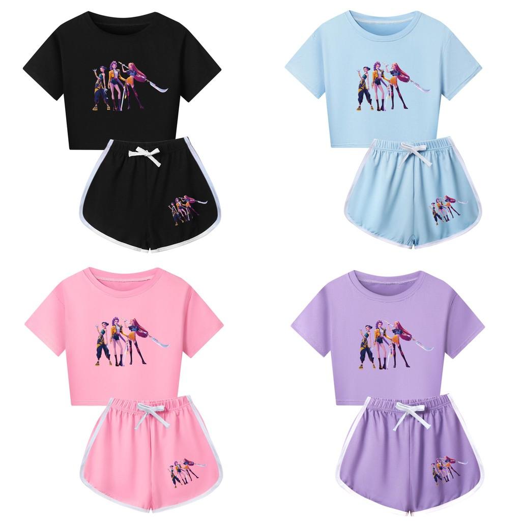 Kpop Demon Hunters Print Child Short Sleeve Shorts Pajama Set With Polyester Cotton Blend For Family Sleepwear