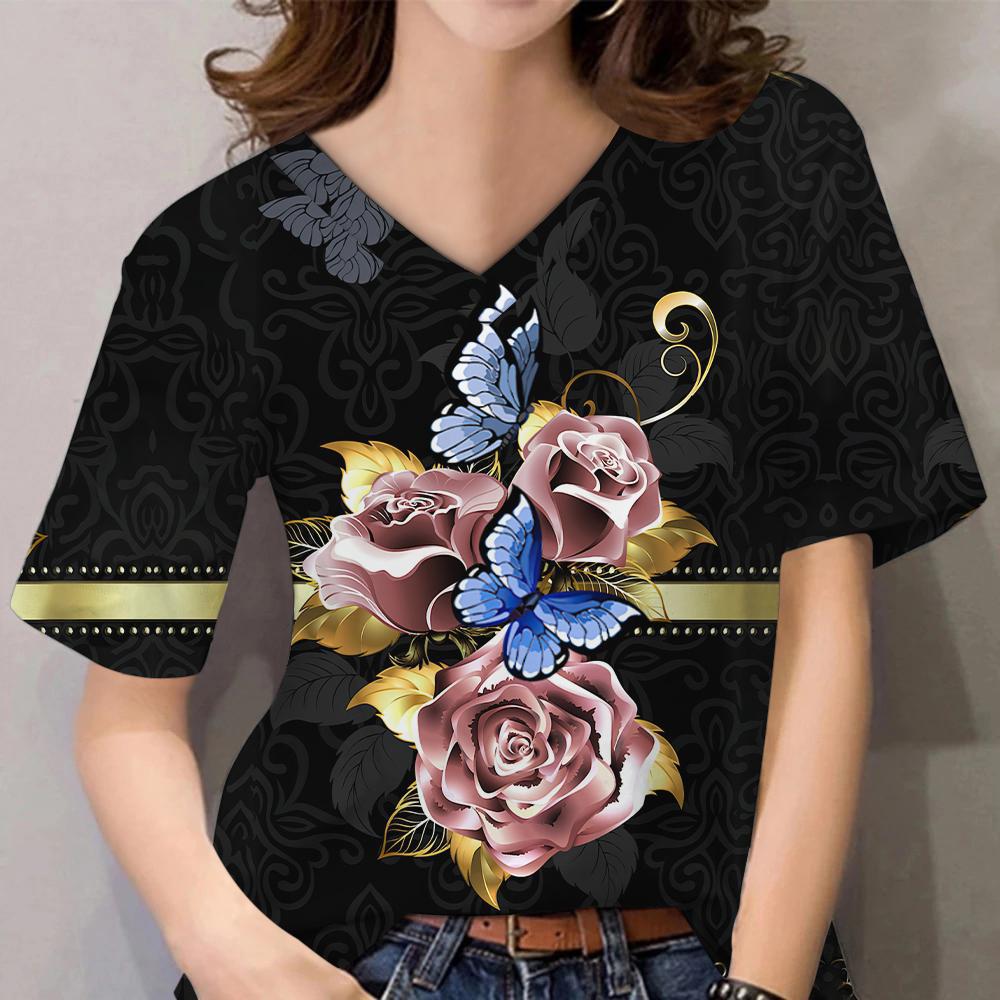 Женские топы с 3D цветочным принтом и коротким рукавом с V-образным вырезом, летние футболки для влюбленных пар