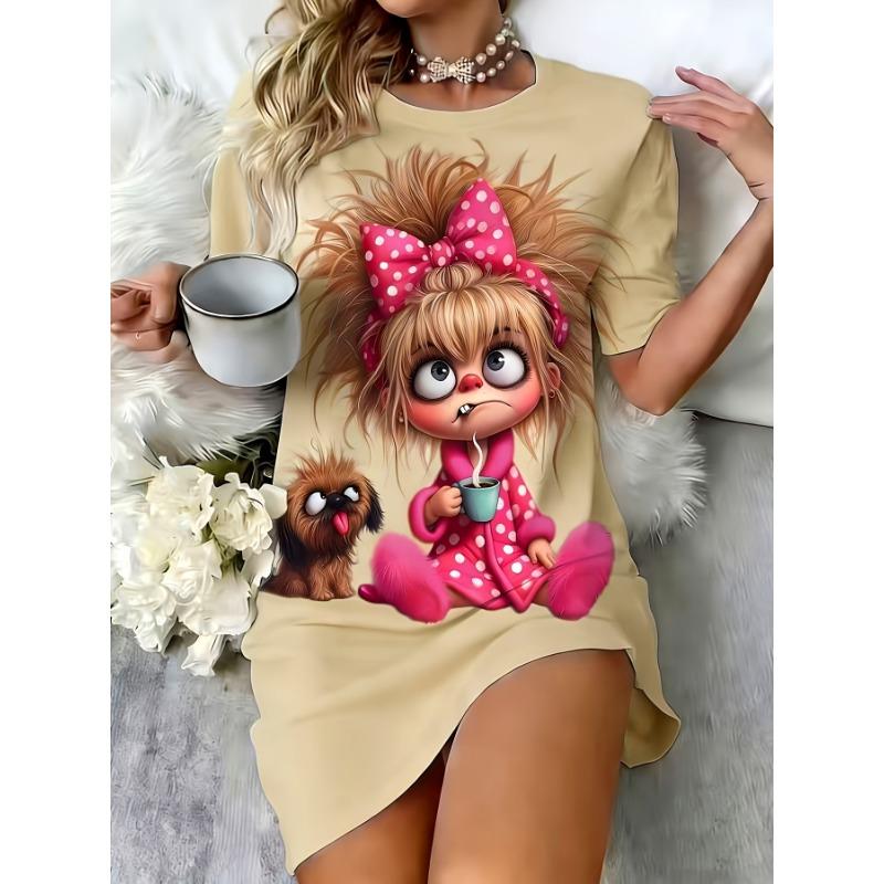 Women's Plus Size Casual T-Shirt Dress with Cute Cartoon and Adorable Puppy Print