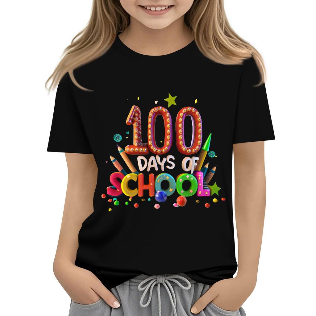 Happy 100th Day Of School Girls Boys Short Sleeve T Shirts Kids Tops Crewneck Tees