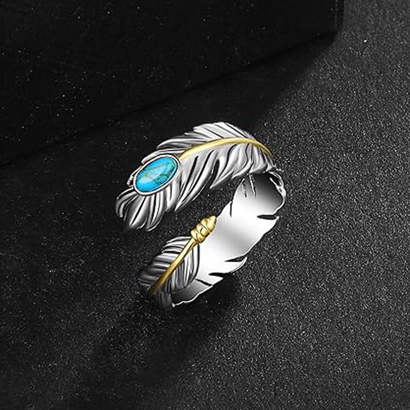 Feather Ring For Women, Imitation Turquoise Fashion Jewelry, Vintage Personalized Design Ring