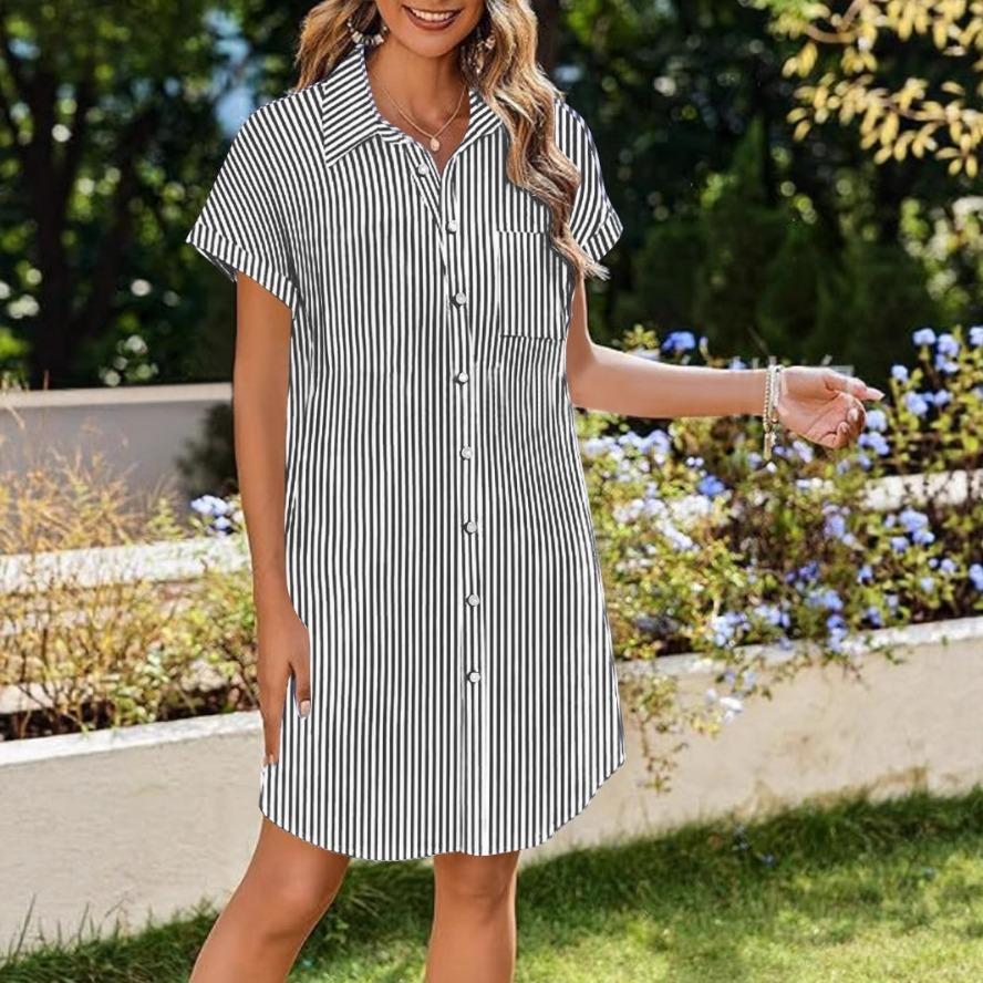 YYFS Женская мода лето весна полосатый принт короткий рукав поло воротник свободная талия повседневные платья