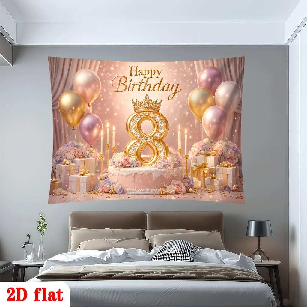 Party Banner with Golden 8 Crown Cake Balloons, Pink Flowers and Candles, Glitter Birthday Backdrop Decoration for Room, Home, Club, Farm