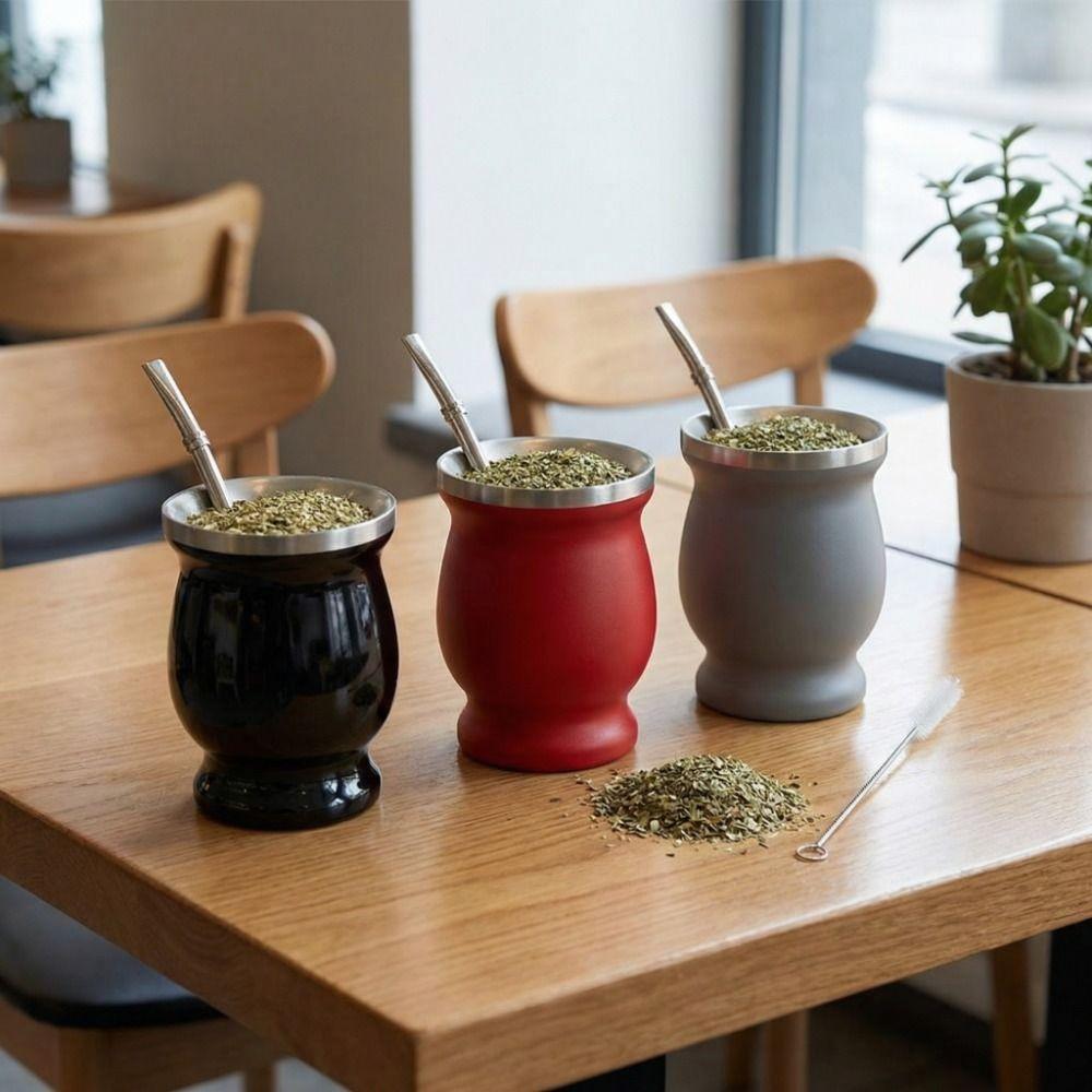 Double Wall Tea Cup Set Stainless Steel Straw Cup Practical Insulated Cup Tea Drinking