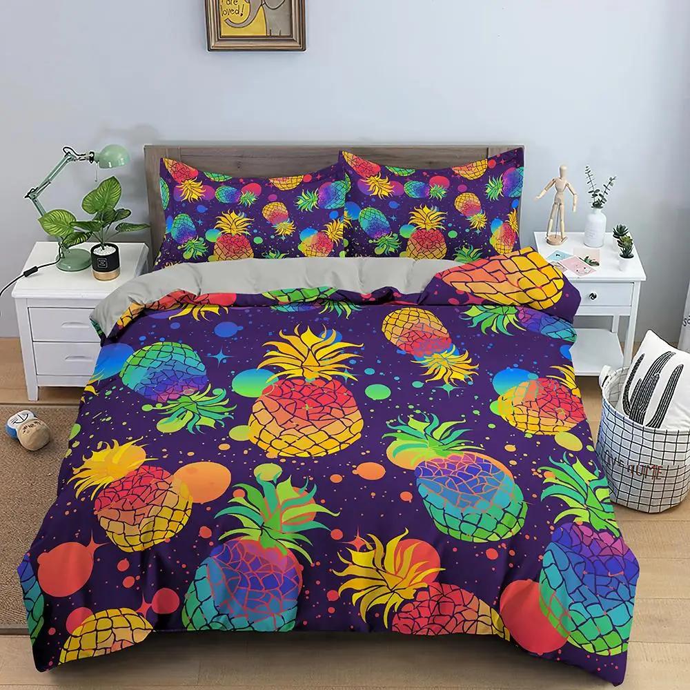 Pineapple Duvet Cover Set Queen Size Kids Colorful Pineapple Bedding Set Girls Teens Bedding Set Fruit Polyester Comforter Cover
