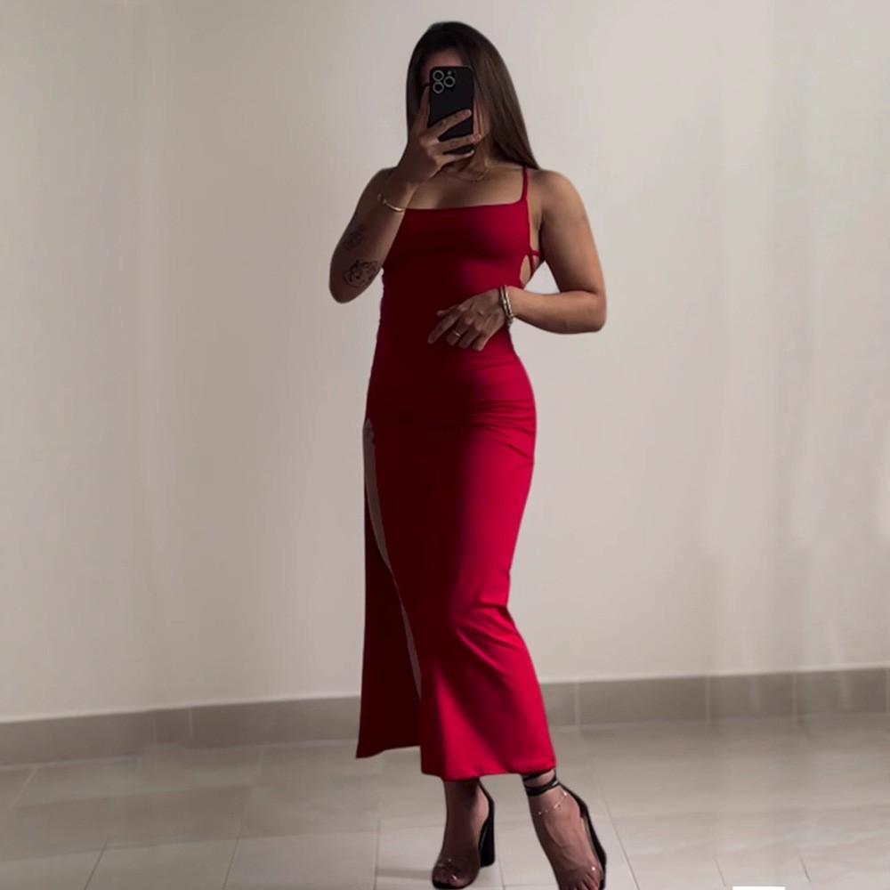 Модное женское сплошное цветное сексуальное платье без рукавов с разрезом на талии и разрезом