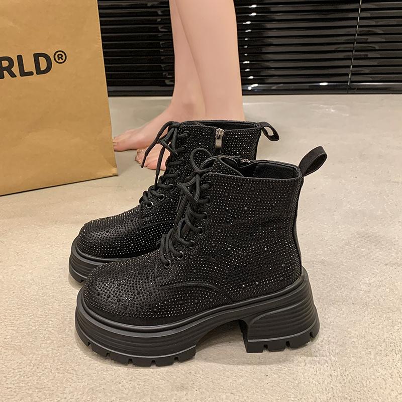 2024 Sequin Diamond Короткие сапоги Женские Осенне-Зимние Британские Модные Сапоги На Высоком Толстом Каблуке Ботинки На Шнуровке Повседневная Обувь Для Вечеринок На Открытом Воздухе