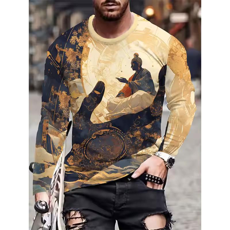Mountain Water Ship Pattern T-Shirt For Men Chinese Buddha 3D Printed Tees Casual Long Sleeves Unisex T Shirts Loose O-Neck Tops