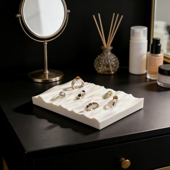 jijijing Jewelry Tray, Multi-Slot Ring Storage Box, 3D Printed One-Piece Molding Wave Texture Design Display Tray for Home Photo Scenes