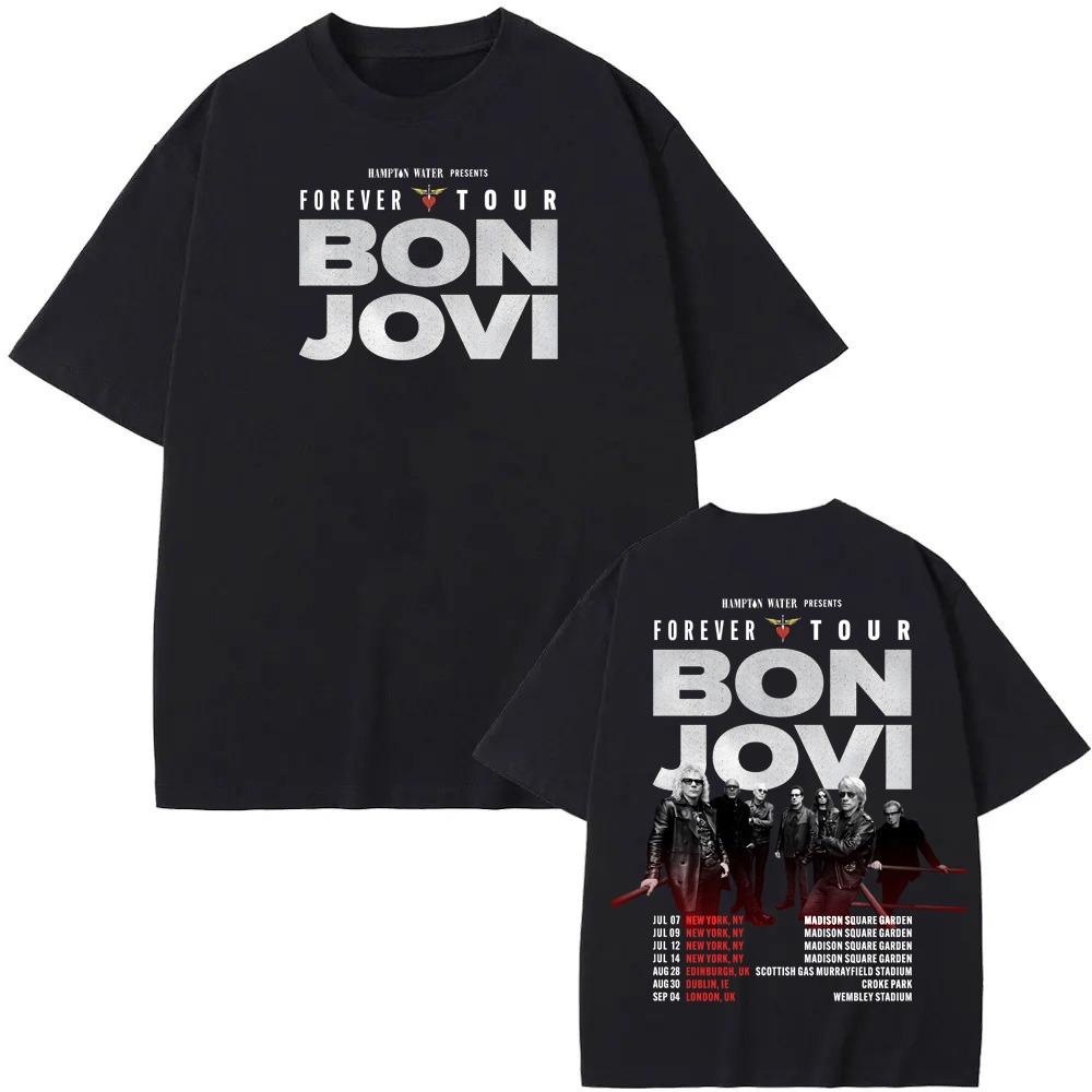 Bon Jovi Forever Tour 2026 Графическая футболка Винтажная стираная Мерч рок-группы Харадзюку Унисекс Свободная хлопковая футболка с коротким рукавом