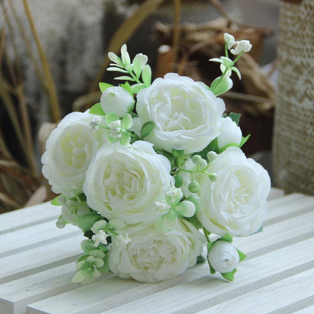 Lifelike 32cm Peony Bouquet 5 Heads 3D Artificial Flower Small Bud Real Touch Fake Rose Home