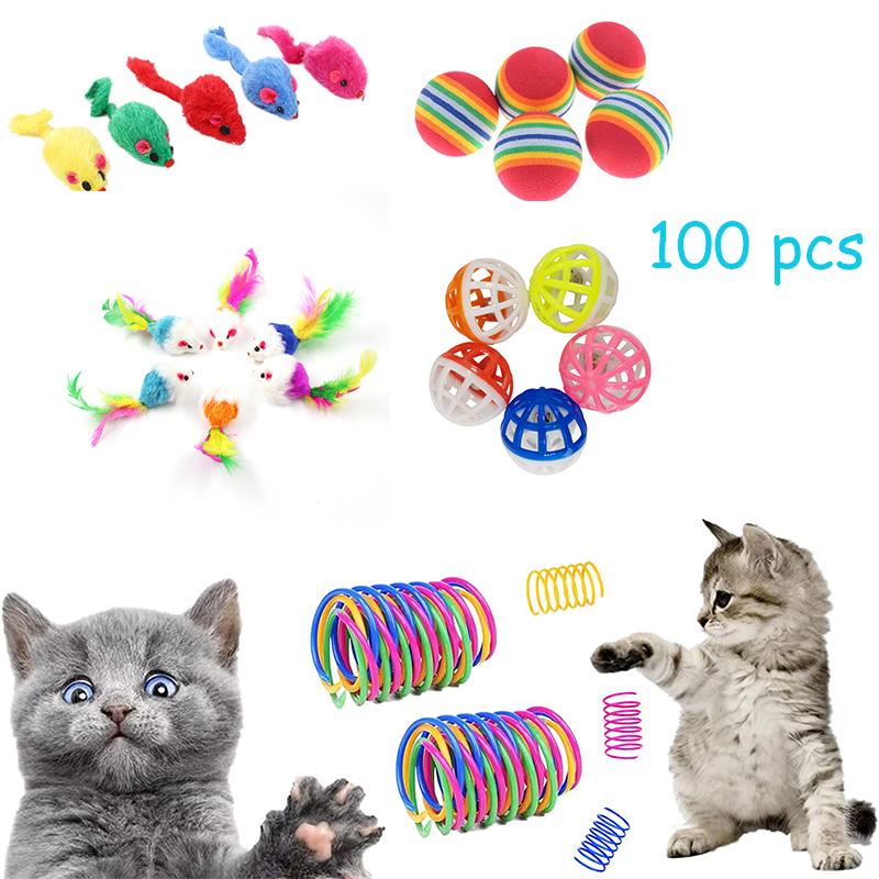 100 ШТУК Игрушки-пружинки для кошек, игрушки-мышки-мячики для кошек для дома, разноцветные, прочные, для жевания, царапания, ЭВА-мячи, тренировочные мячи, товары для домашних животных