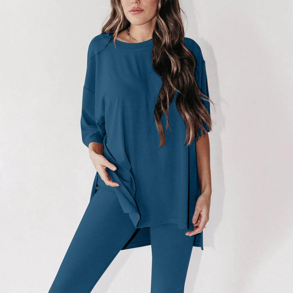 Женский летний комплект из 2 предметов с круглым вырезом и короткими рукавами, заниженными плечами, топ для больших мальчиков и обтягивающие байкерские шорты для йоги, комплект