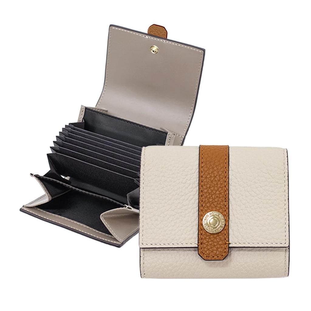 Gisele Mini Wallet, Foldable, Compact, Genuine Leather, Anti-Skimming, Tri-Fold, Accordion Strap, Two-Tone, Women's (Ivory and Camel)