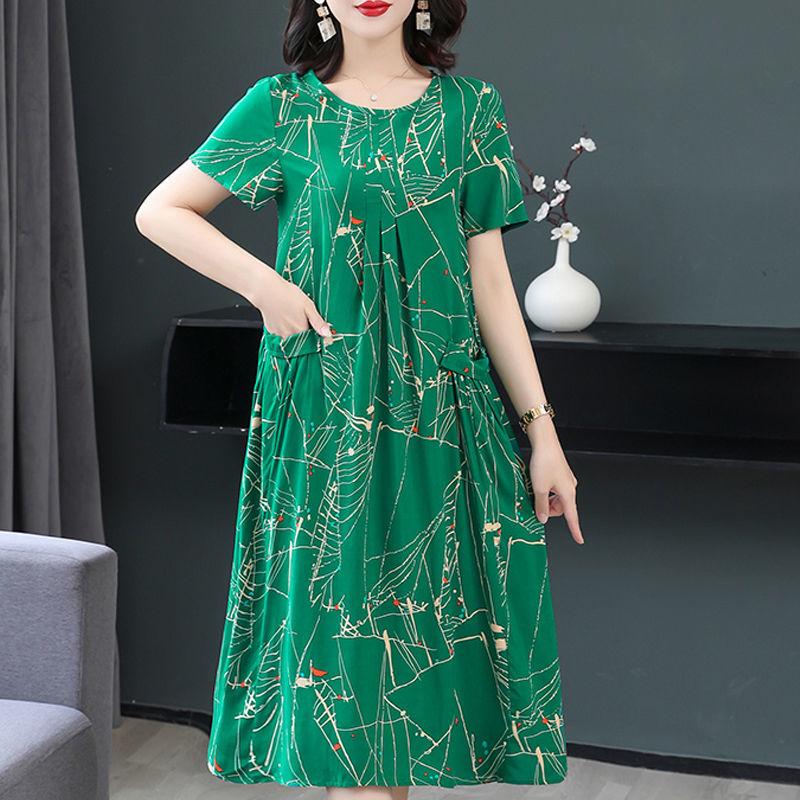 Женское летнее модное свободное хлопковое шелковое платье большого размера с короткими рукавами и цветочным принтом, темпераментные платья трапециевидной формы
