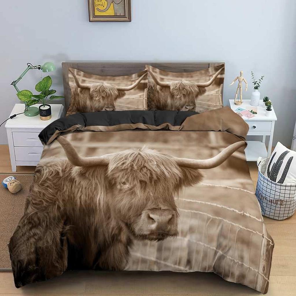 Пододеяльник Король Королева Хайлендская корова Комплект постельного белья Бык для взрослых Крупный рогатый скот 2/3 предмета Покрывало Фермерское животное Полиэстер