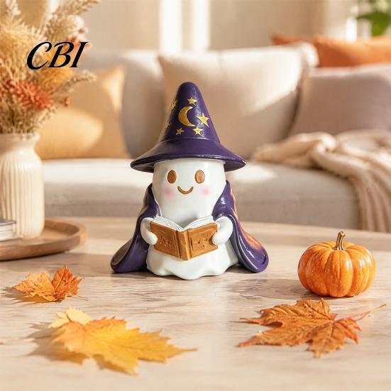 Halloween Party Supplies Lighted Ghost Figurine, Resin Wizard Statue with LED Light, Cute Figurine Reading Book Night Light for Home Desktop