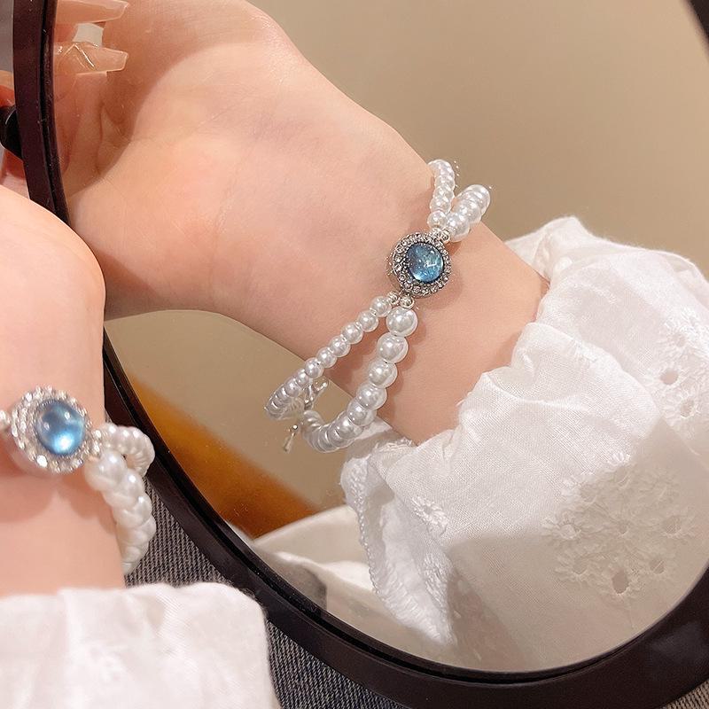 Корейский браслет Dreamy Blue Zircon & Pearl для женщин - Элегантный дизайн креста