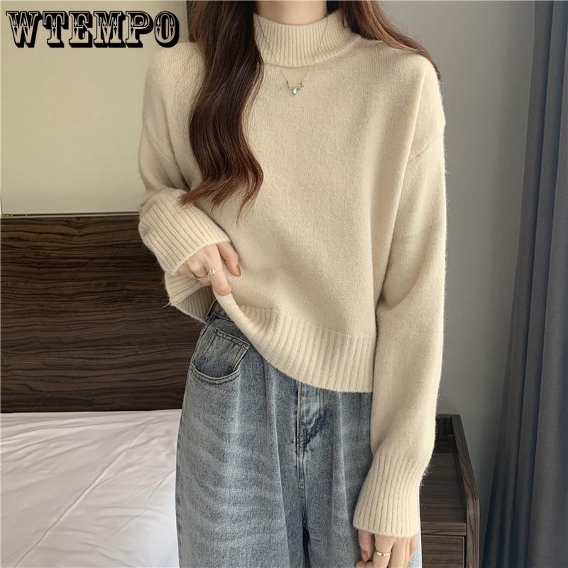 Корейский однотонный свитер с полувысокой горловиной для женщин, короткий модный повседневный трикотаж с однотонным пуловером внутри для осени и зимы