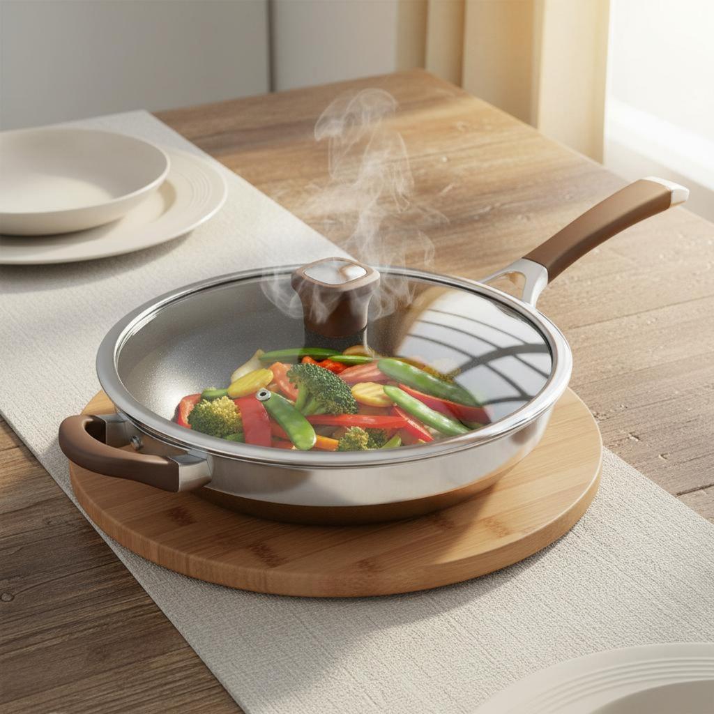 Stainless Steel Frying Pan No Coating Frying Pans with Lids Titanium Coated Skillet Easy to Clean Cookware Healthy Cooking