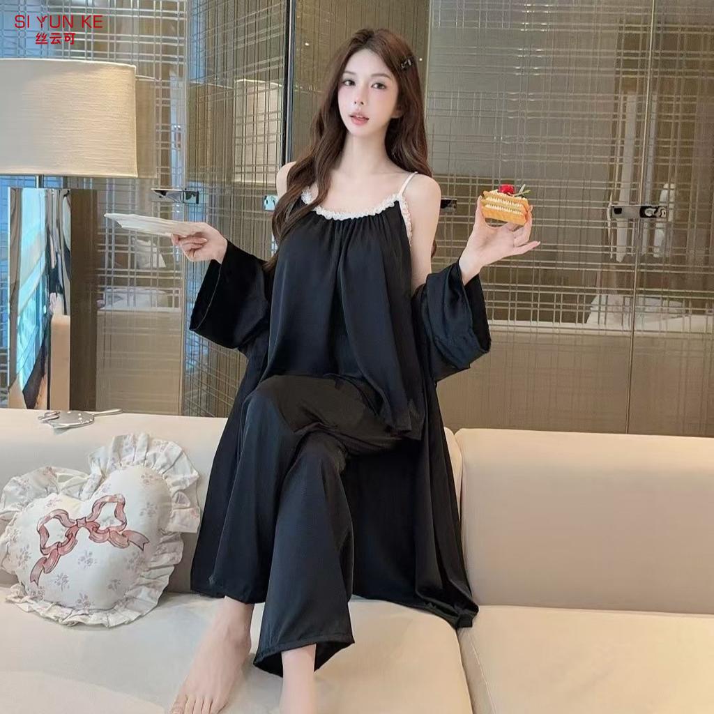Summer thin ice silk suspender nightdress women's satin loungewear three-piece loose and sexy nightgown skirt can be worn outside