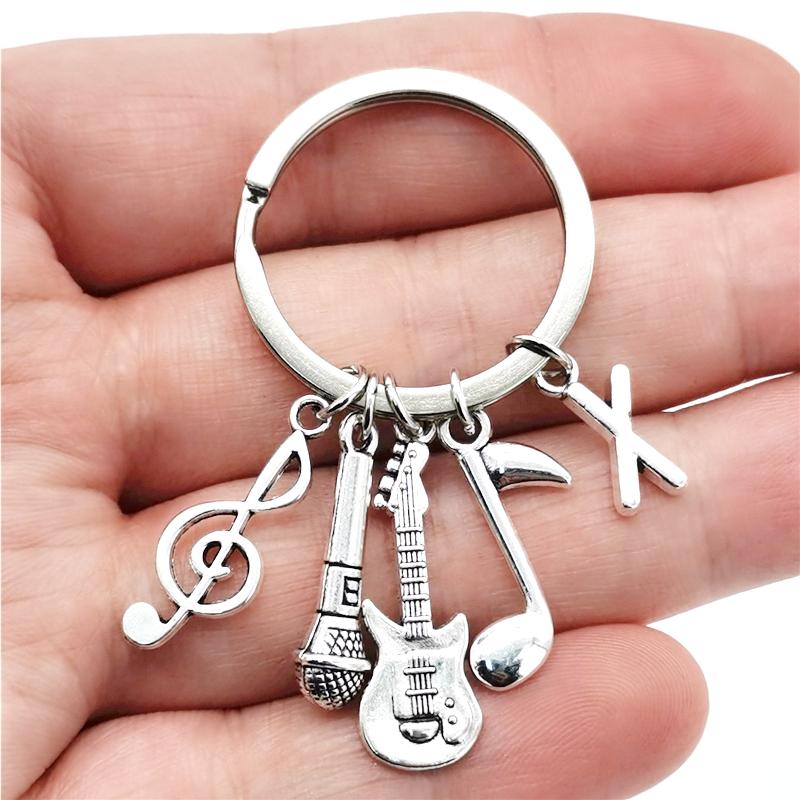 26 Letters Music Keychain Music Note Guitar Pendant Key Chain Microphone Keyring Creative Jewelry Gifts