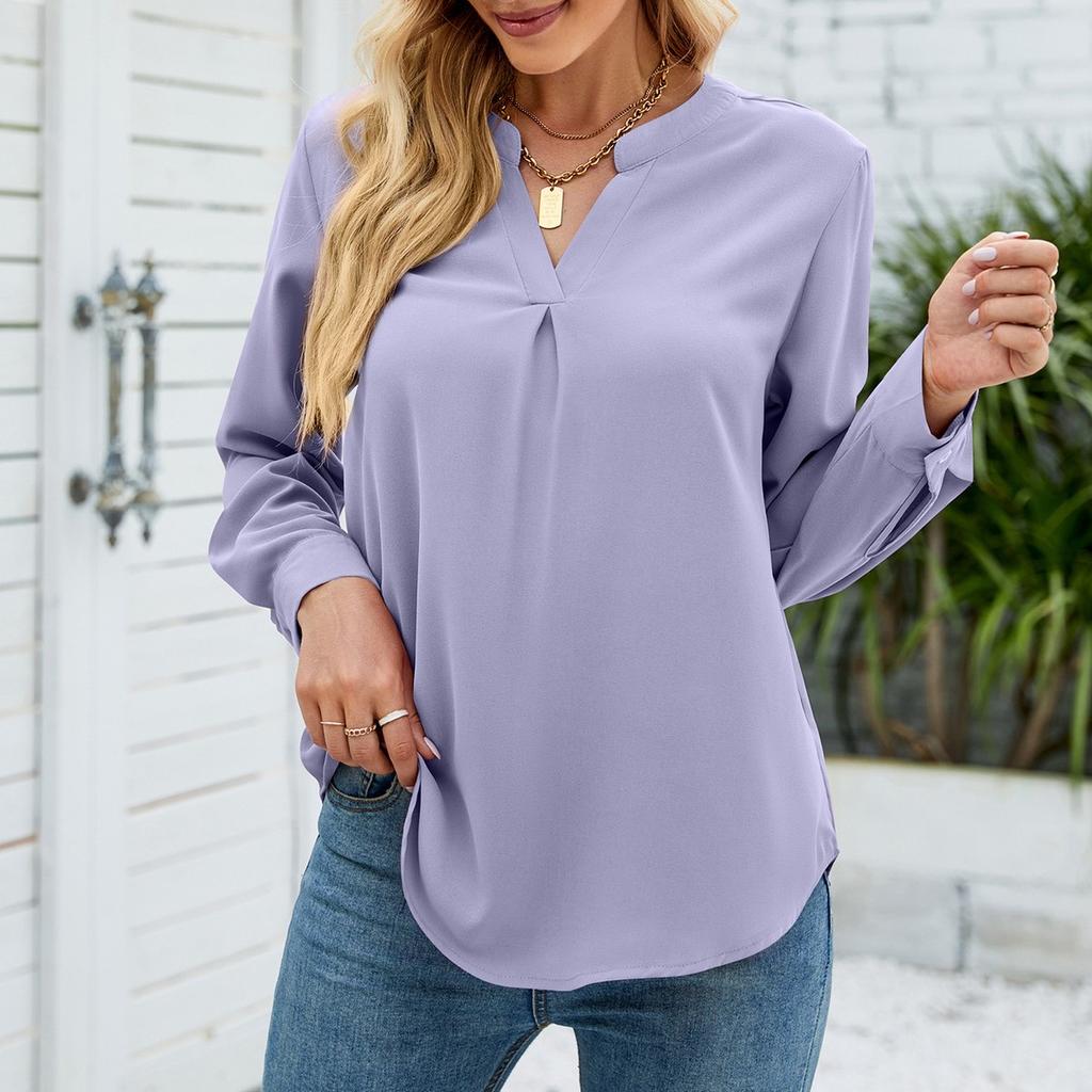 Женская модная однотонная шифоновая рубашка на пуговицах с v-образным вырезом, свободный топ с длинными рукавами