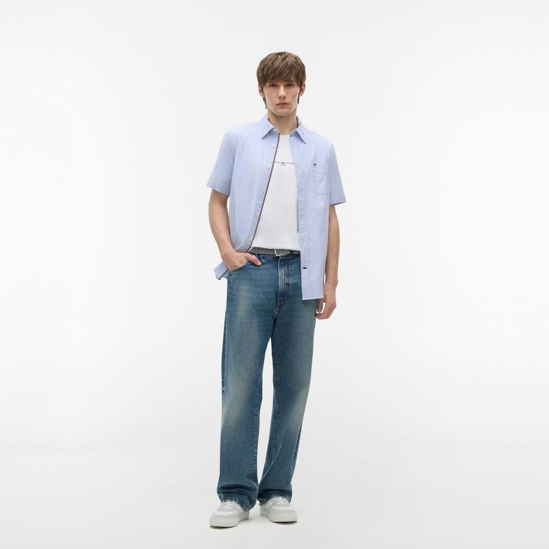 Tommy Hilfiger Простая Карманная Маленькая Вышитая Логотипом Повседневная Для Поездок Хлопок Посадка Полосатая Рубашка с Коротким Рукавом Мужские рубашки 78JA378
