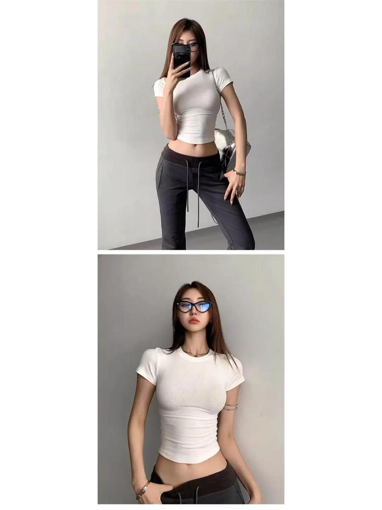 Женский укороченный топ в рубчик облегающего кроя - Летний эластичный с круглым вырезом и коротким рукавом