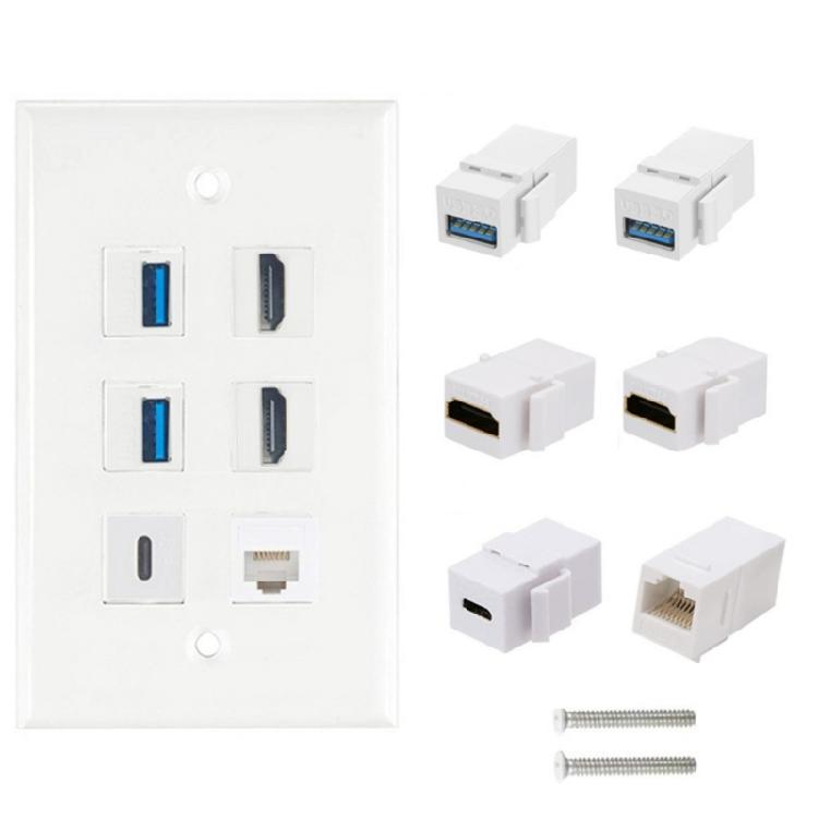 Декоративная настенная панель с 6 портами HDTV, USB 3.0, Type C, CAT6, Keystone Port, RJ45, 6 портов, белая, декоративная лицевая панель для стены.