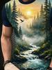 Men's Plus Size Oversized T-Shirt - Full-Body Sunset Forest Stream Print Short Sleeve Crew Neck Top | Loose Fit Casual Summer Shirt Suitable for