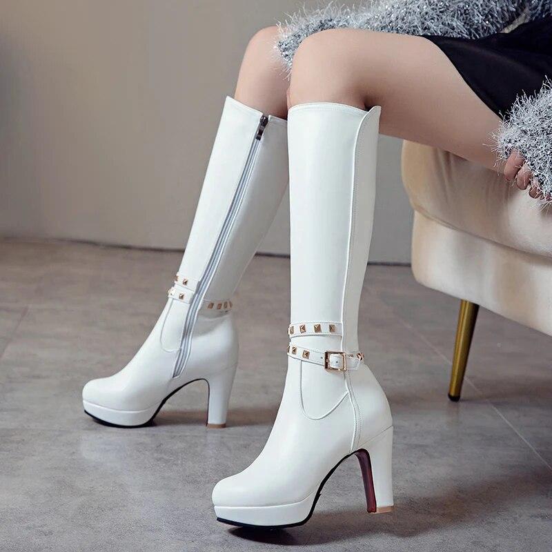 Sexy Autumn Winter Knee-Length Women Boots Round Toe Zip Metal Decoration High Heels Shoes Long Boots Black White Beige