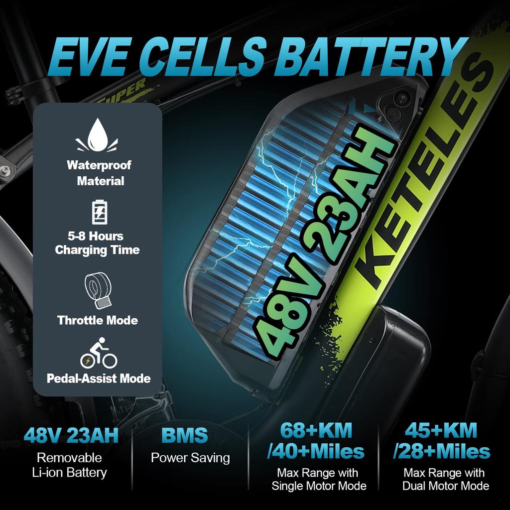 KETELES Электровелосипед K800 с двумя двигателями 2×1000 Вт, 48 В 23 Ач, 26" толстыми шинами Chaoyang, блокируемой амортизационной вилкой, гидравлическим дисковым тормозом, внедорожный электровелосипед