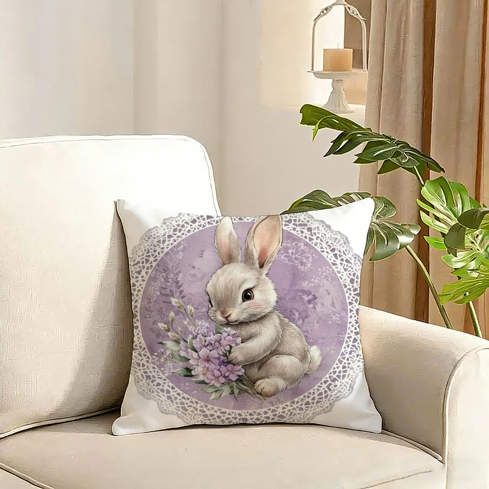 Cute rabbit holding flowers Cushion Cover Reversible Plush Pillow Cover Soft Fluffy Home Decor for Sofa Bedroom