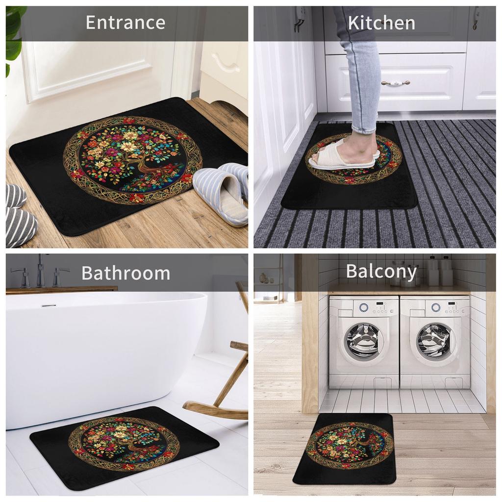 Tree of Life with Floral Fashionable Style Door Mat Machine Washable for Bathroom Bedroom Living Room Entrance