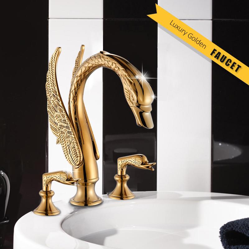 Luxury Golden Swan Basin Faucets Dual Handles Hot Cold Water Mixer Tap