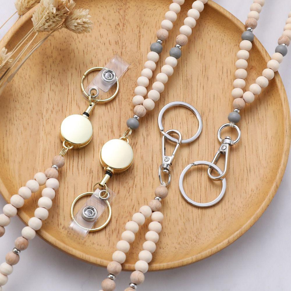 Выдвижной держатель для бейджа на шнурке, застежка из нержавеющей стали, бусина из натурального дерева, бохо-брелок-ожерелье с 2 держателями для карт