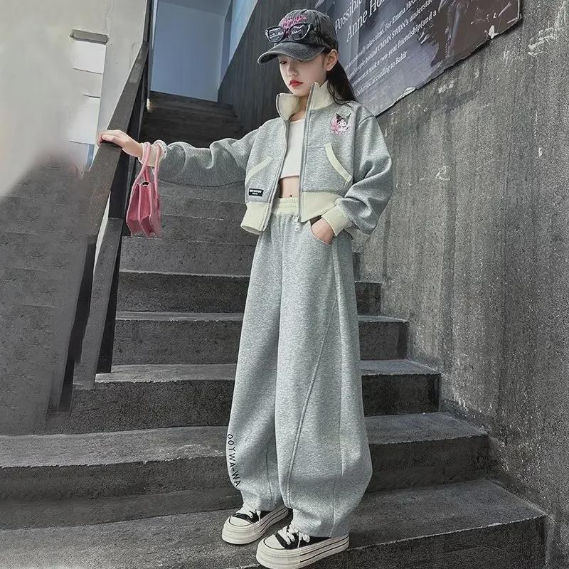 Korean Style Girls' Cartoon Sports Suit - Spring/Autumn Two-Piece Set with Cardigan Jacket & Trousers for Kids