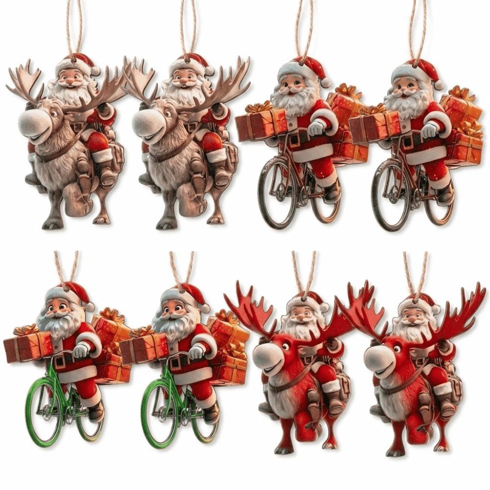 2D Flat Wooden Hanging Pendants Unique Christmas Decorations Set Santa Claus Ornaments Gift