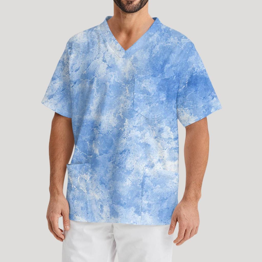 Мужская рабочая блузка с короткими рукавами и v-образным вырезом с принтом, топ с нагрудным карманом