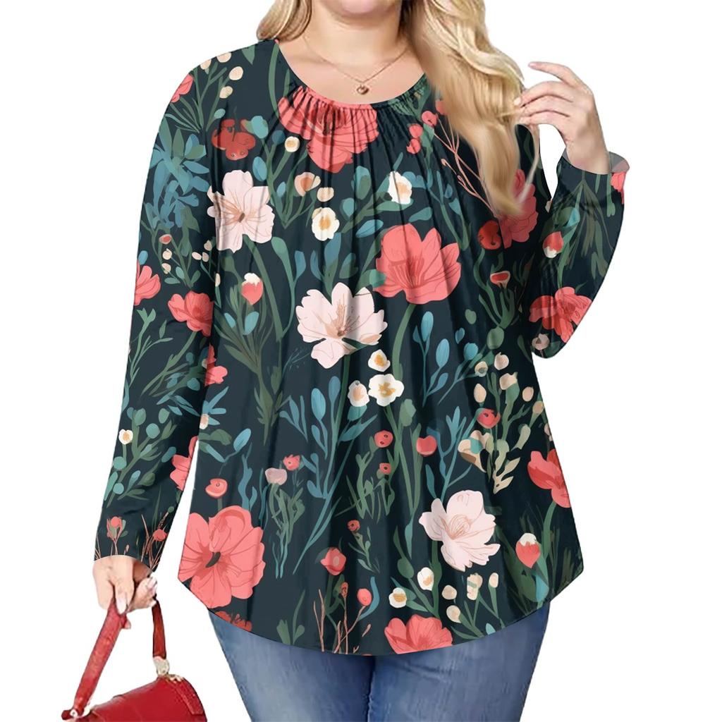 Women's Plus Size Fashion Printed Casual Pleated Round Neck Long Sleeve Top