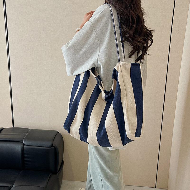 Женская полосатая сумка через плечо Простая сумка для переноски Большая вместимость Стильная плечевая сумка Повседневная сумка для покупок Холщовая сумка для поездок на работу