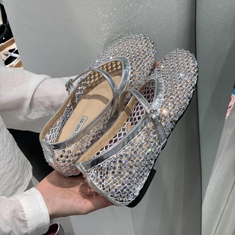 Модные Роскошные Хрустальные Стразы Сетка Балетки Женские Дизайнерские Туфли Мэри Джейн с Клепками и Сеткой Летние Ажурные Лоферы для Женщин
