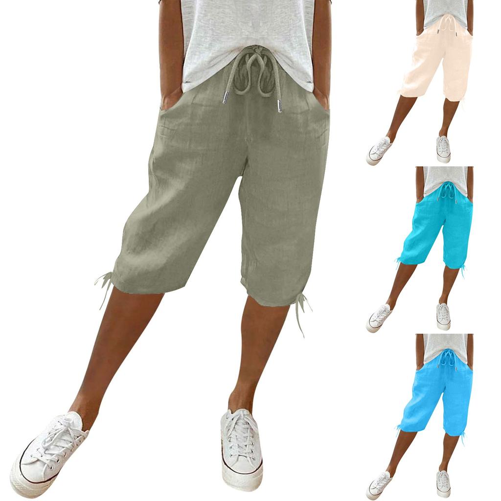Women's Casual Pockets Elastic Drawstring Casual Pants Leg Drawstring Five Pants Pant