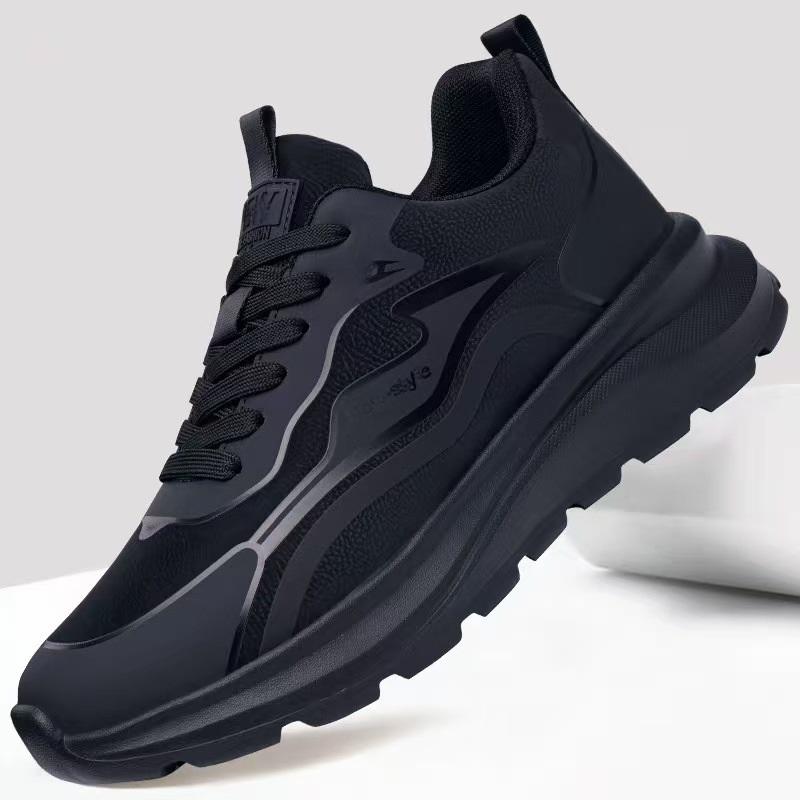 Men Waterproof Height Increasing Casual Shoes Spring Black Leather Soft Thick Sole Versatile Sneakers