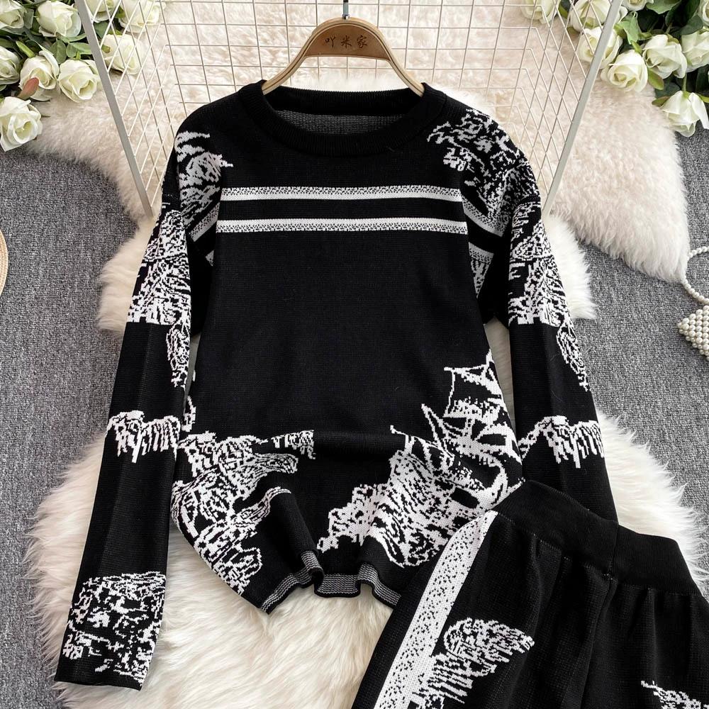 Осенне-зимний элегантный женский комплект одежды для отдыха из 2 предметов, трикотажные брюки, дизайнерский винтажный вязаный свитер с цветочным принтом