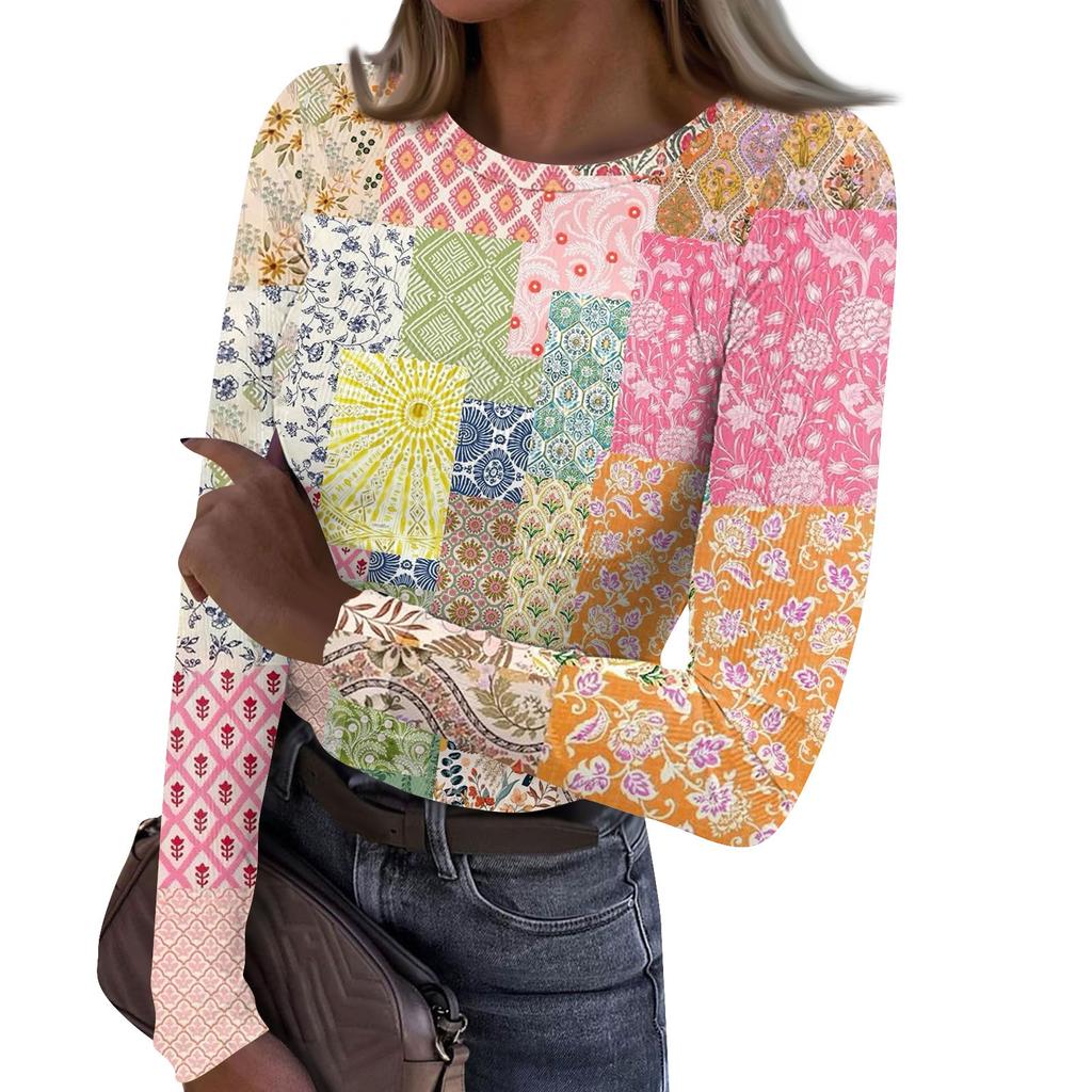 Женская и зимняя футболка с тонким низом, модная повседневная футболка с круглым вырезом и принтом, длинный рукав