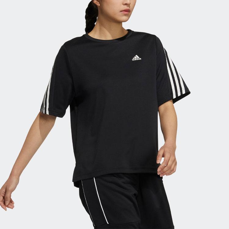 adidas Футболка с коротким рукавом 24/7 с принтом логотипа и полосатой отделкой, удобная ребристая футболка с круглым вырезом, женские топы черного цвета H29488