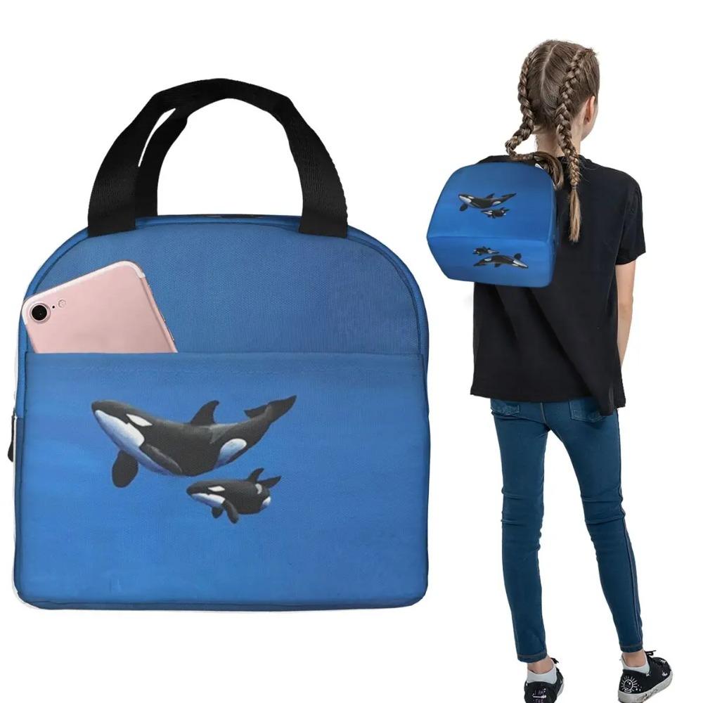 Parent-Child Orca In Bule Background Insulated Lunch Bag for Women Kids Portable Food Boxes Thermal Lunch Box Tote