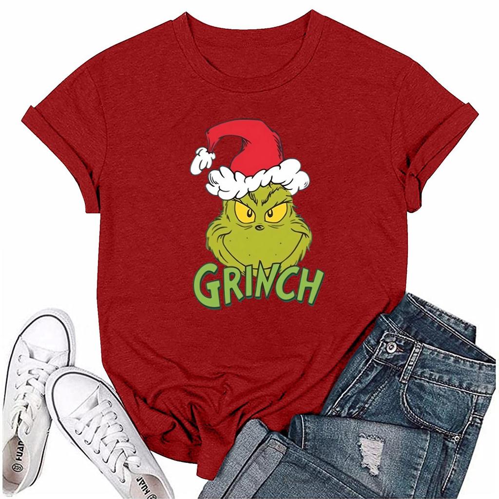 Женский повседневный рождественский принт с короткими рукавами и круглым вырезом, свободный пуловер, топ